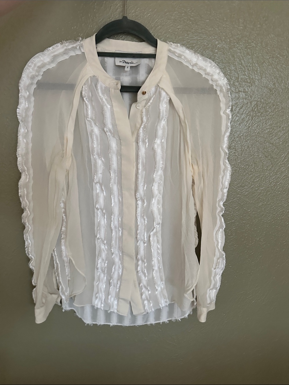 3.1 Phillip Lim Cream Sheer Ruffle-Trim Button Blouse
